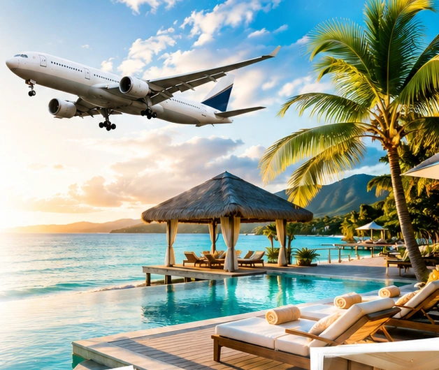 Illustrated tropical escape with an aircraft, palms, ocean and a resort terrace